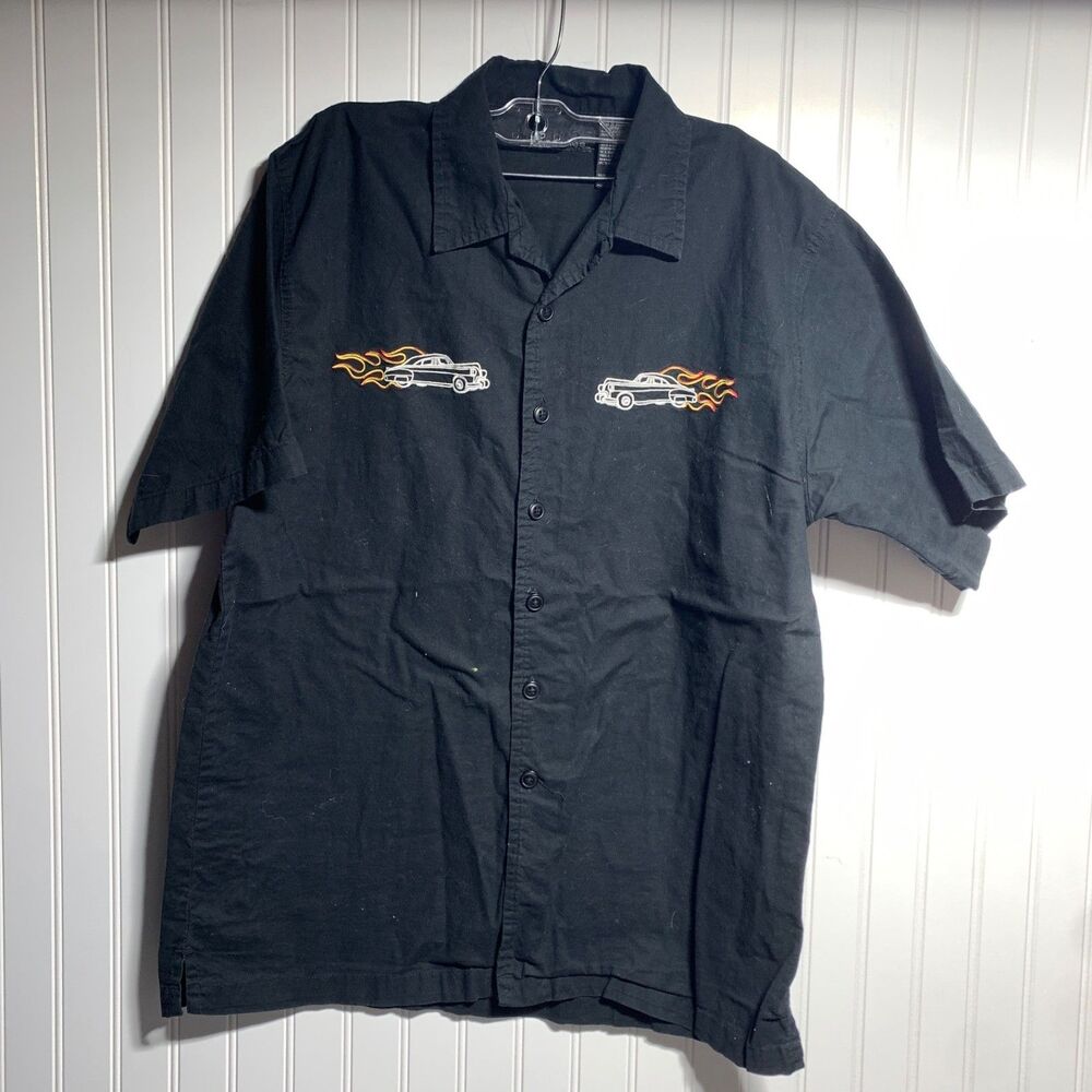 Vintage Y2K Shirt Mens M Black Black Hot Rod Flames Short Sleeve No Boundaries